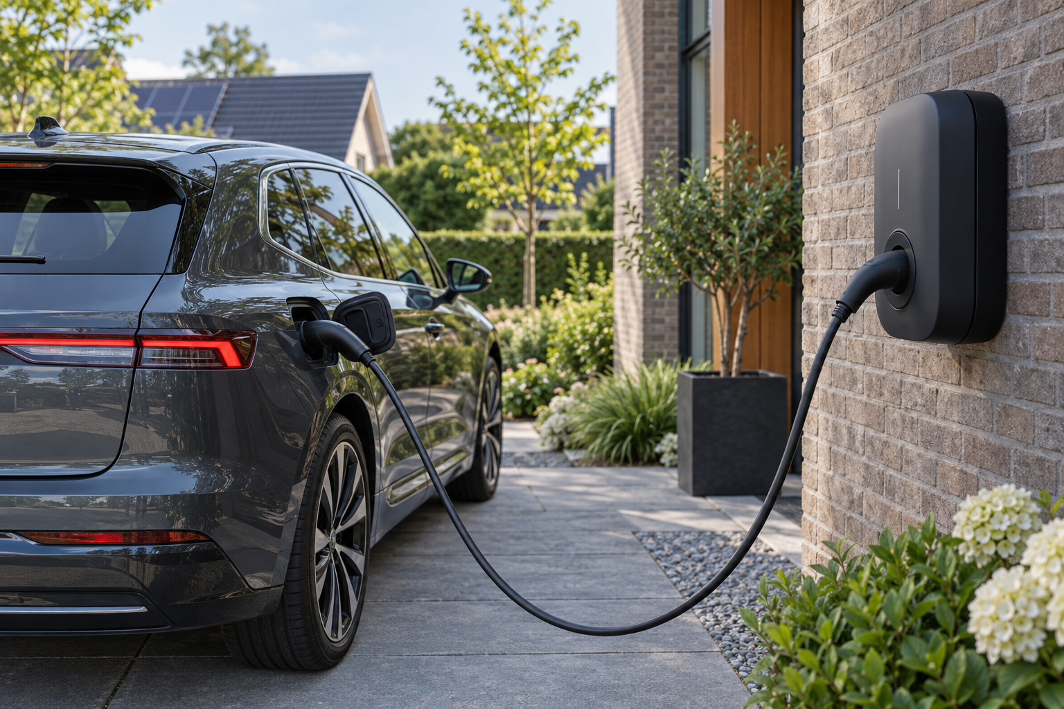 Elektrische auto aangesloten op een wandlader bij een woning.