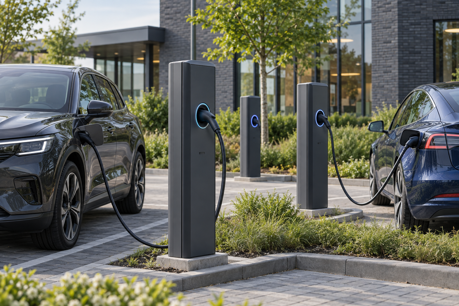 Laadpunten bij een kantoor met geparkeerde elektrische auto’s.