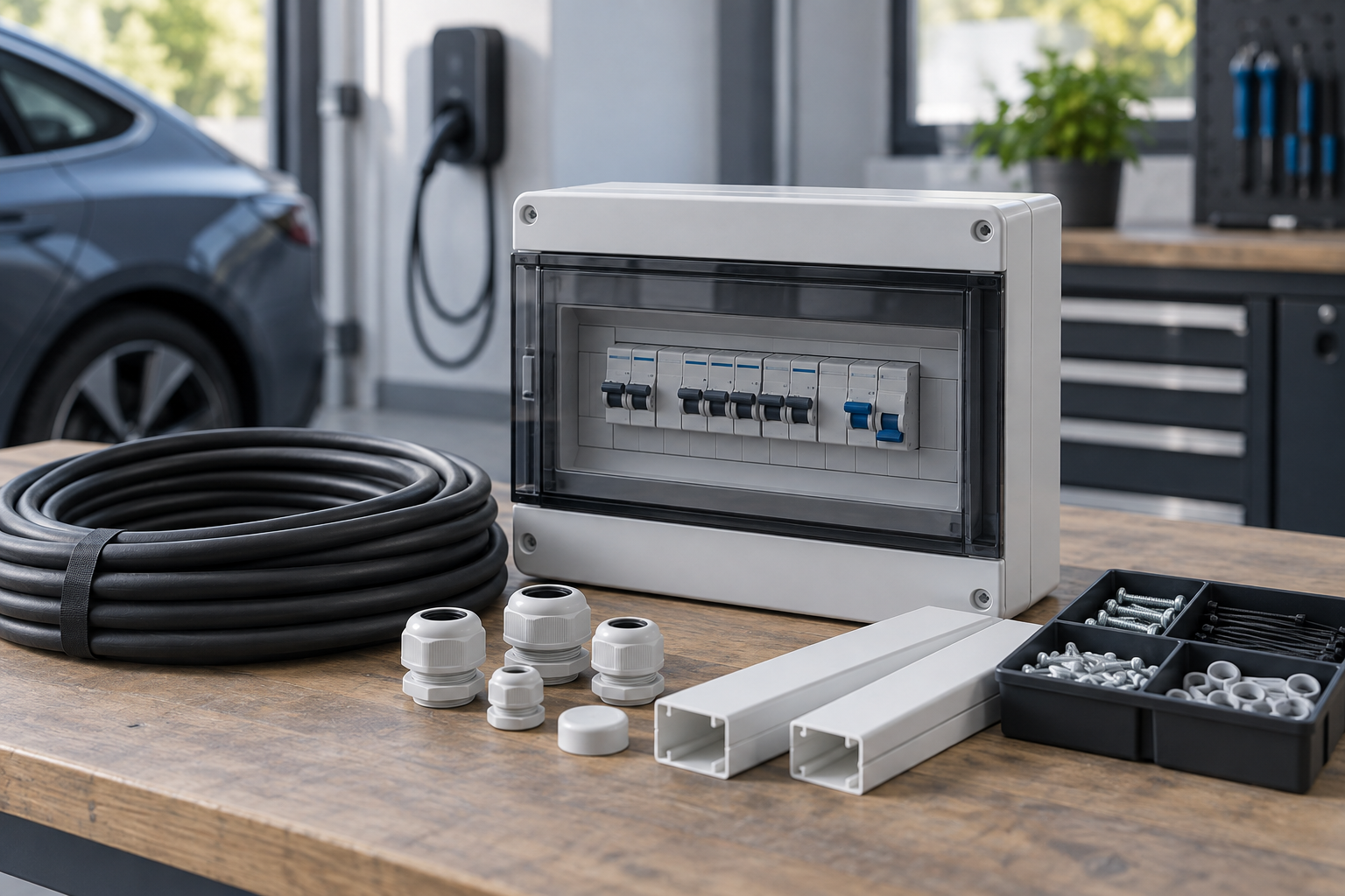 Groepenkast, kabel en montagemateriaal op een werkbank.