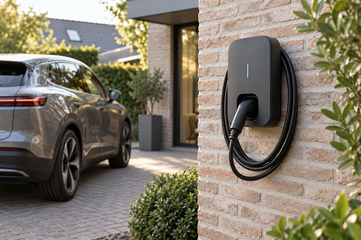 Wandlader met opgeborgen kabel bij een woning.