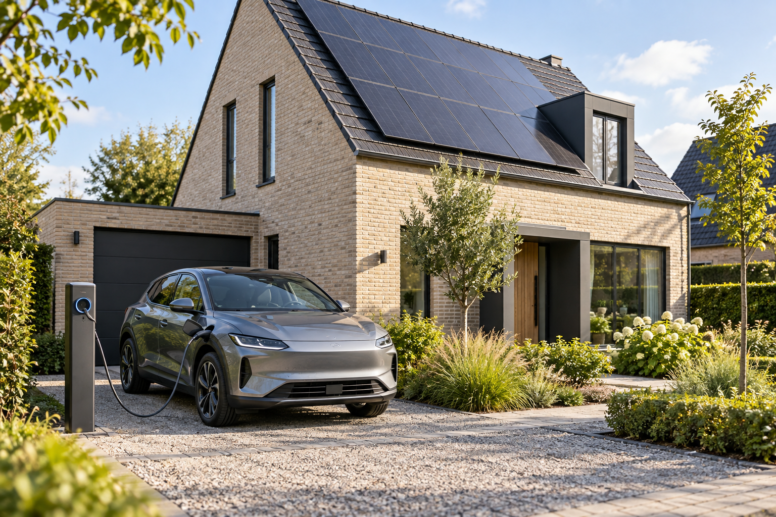 Woning met zonnepanelen en een elektrische auto aan een laadpunt.