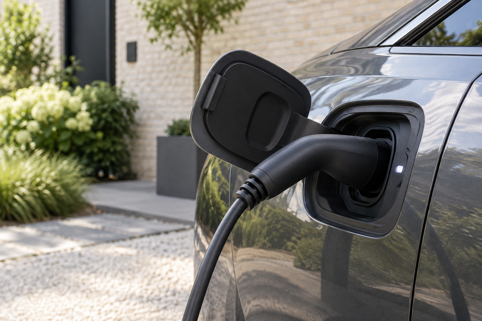 Detail van een laadstekker aangesloten op een elektrische auto.