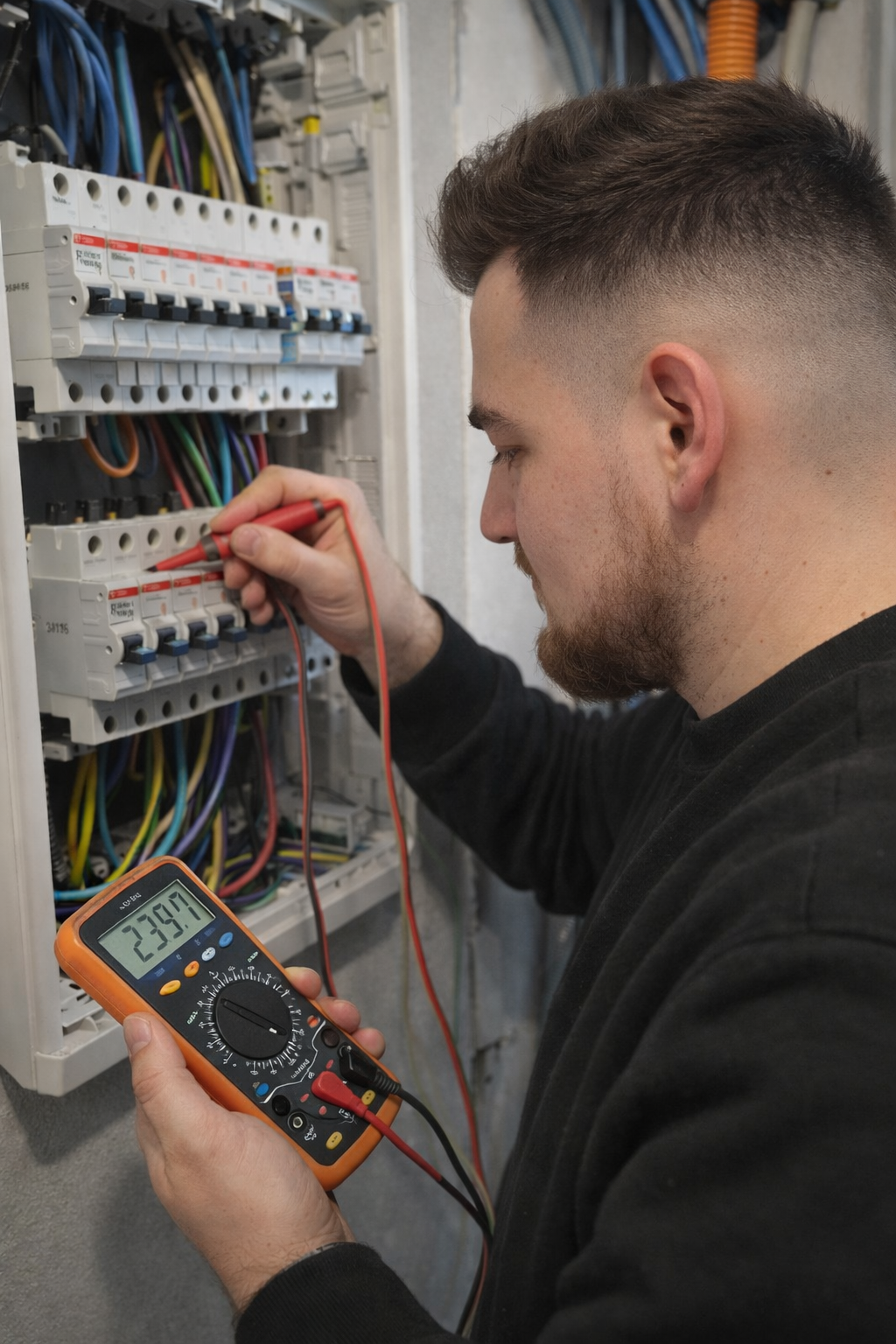 Monteur van Volta Elektrotechniek meet een groepenkast door met een multimeter
